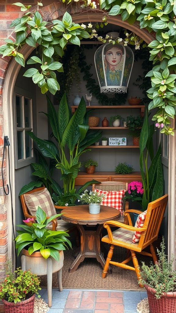 A cozy garden nook with a wooden table and chairs surrounded by lush plants and a decorative lantern.