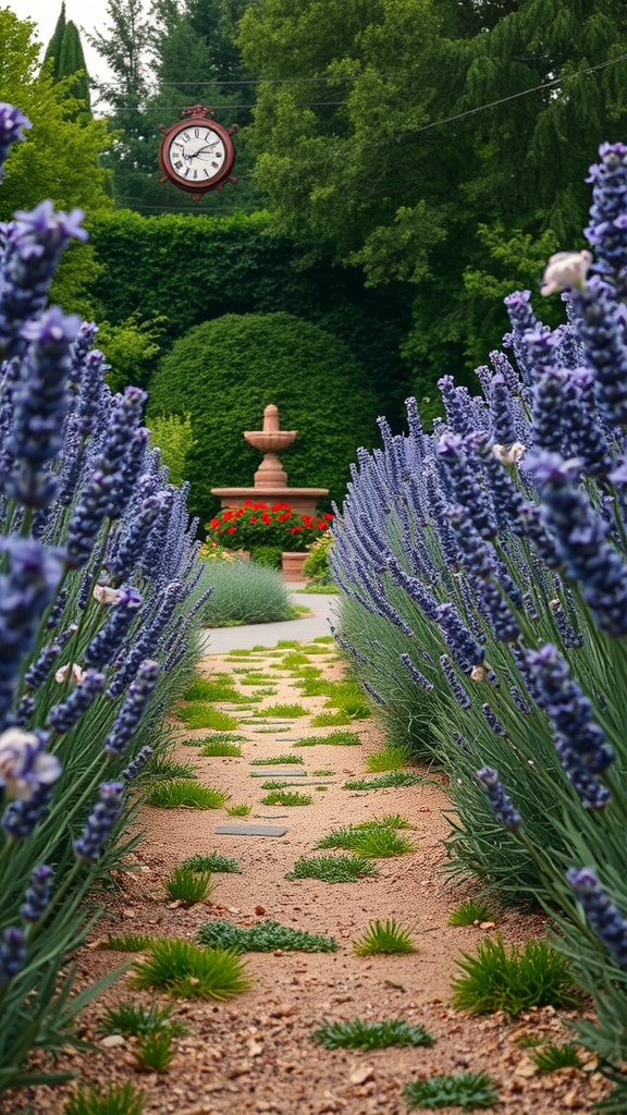 A beautiful garden pathway lined with lavender leading to a fountain, with a clock overhead and vibrant flowers in the background.