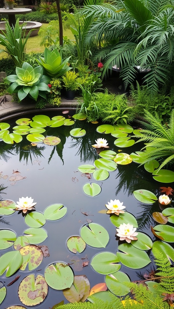 A serene garden pond with floating water lilies surrounded by lush greenery.