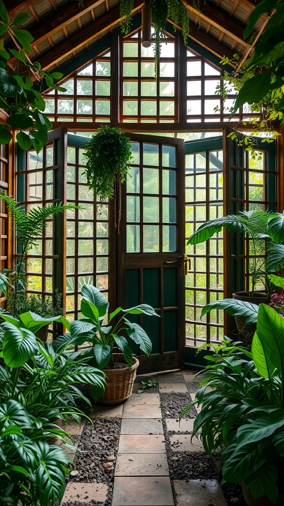 A cozy secret garden room with lattice screens, wooden doors open to lush greenery, potted plants, and a tiled floor.