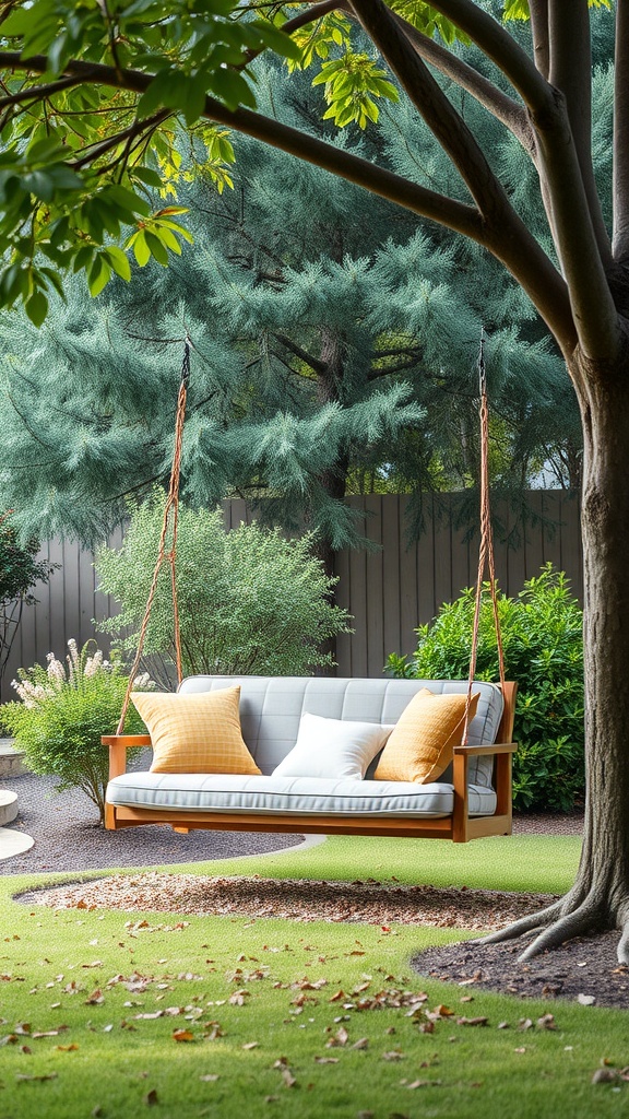 A cozy swing with cushions hangs between trees in a garden.