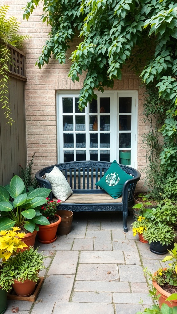 Cozy seating area in a garden nook with potted plants.