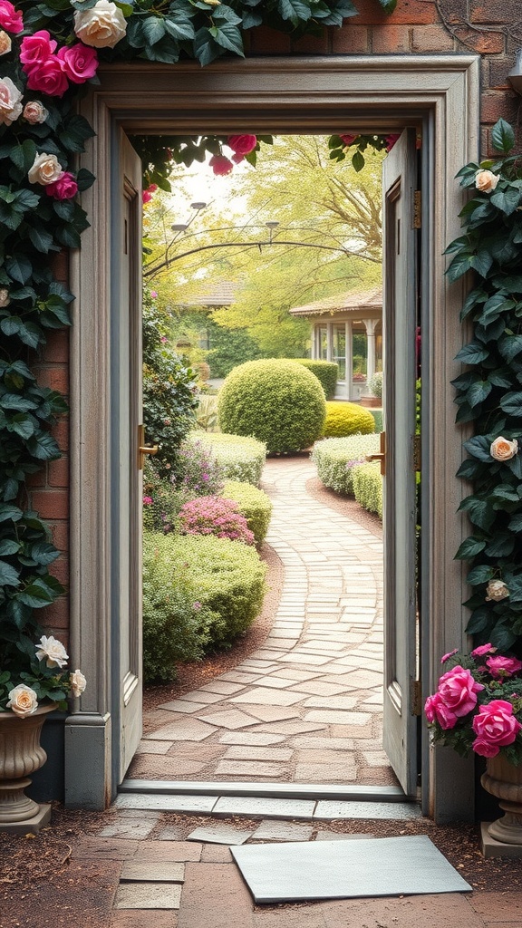 A garden door with flowers framing a pathway leading into a lush garden.