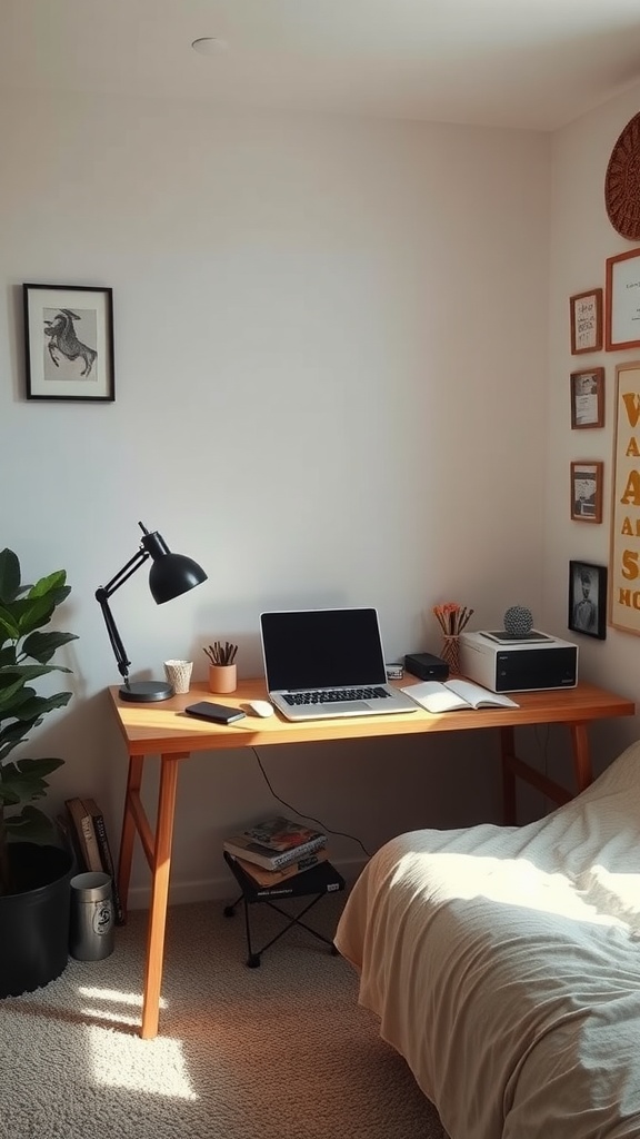 A cozy small bedroom corner with a space-saving desk, laptop, lamp, and decorative wall art