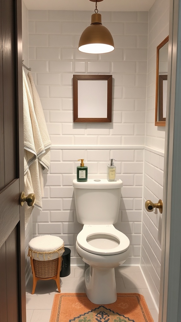 A small toilet room featuring white subway tiles, a gold light fixture, a couple of stylish bottles on the toilet tank, and a textured rug.