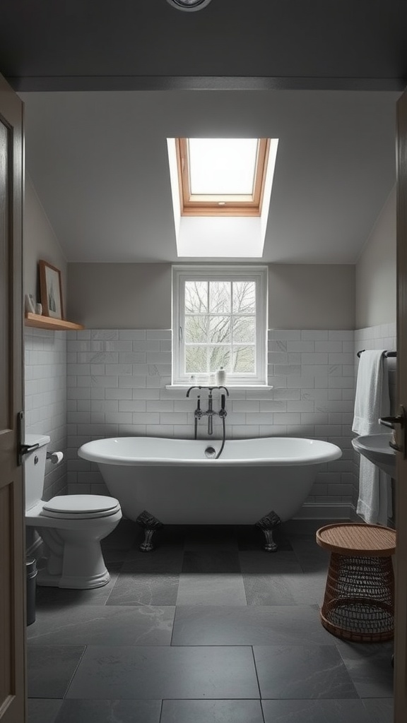 Small bathroom with slanted ceiling featuring a freestanding bathtub, skylight, and dark tile flooring.