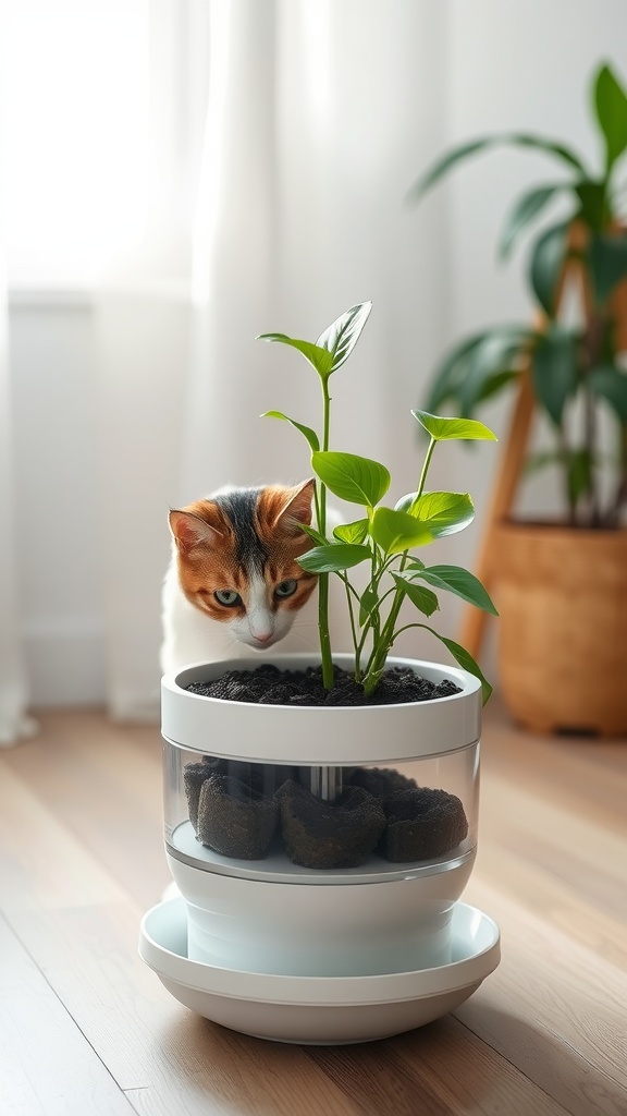 A cat curiously looking at a self-watering plant pot with a green plant.