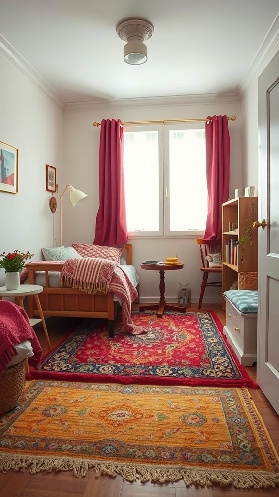 A cozy bedroom for two sisters featuring colorful rugs that define separate zones for relaxation and study.