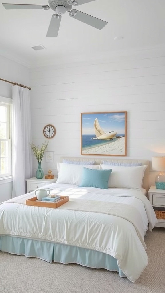 A serene coastal French style bedroom with white and blue decor, featuring a bed with crisp linens, a sailboat painting, and natural light from the window.