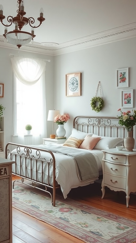 A cozy French cottage bedroom featuring a wrought iron bed, soft bedding, vintage decor, and natural light.