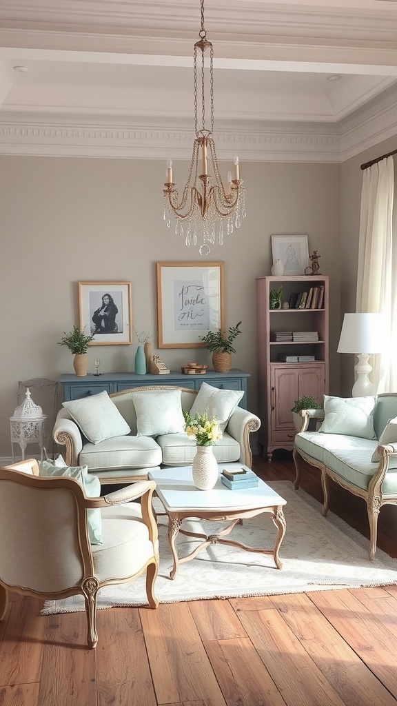 Living room decorated in shabby chic style with pastel furniture, a chandelier, and wooden flooring.