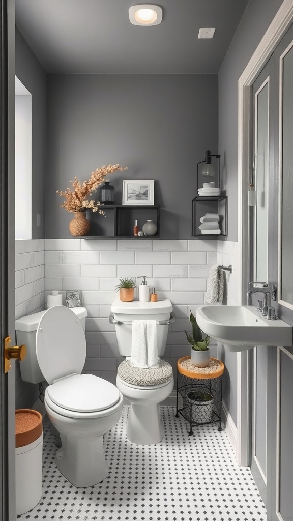 A small bathroom showcasing shades of gray with white tiles, plants, and modern fixtures.