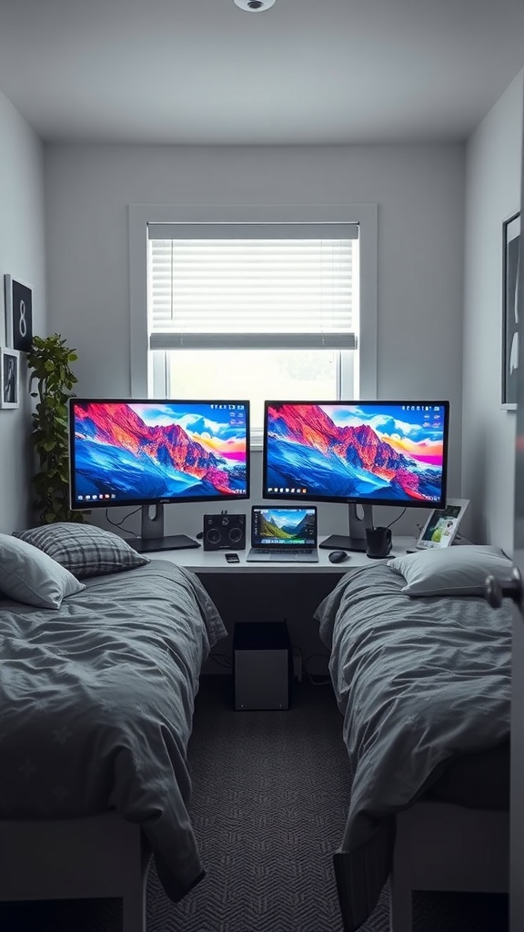 Image showing a shared desk with dual monitors in a small bedroom featuring two beds