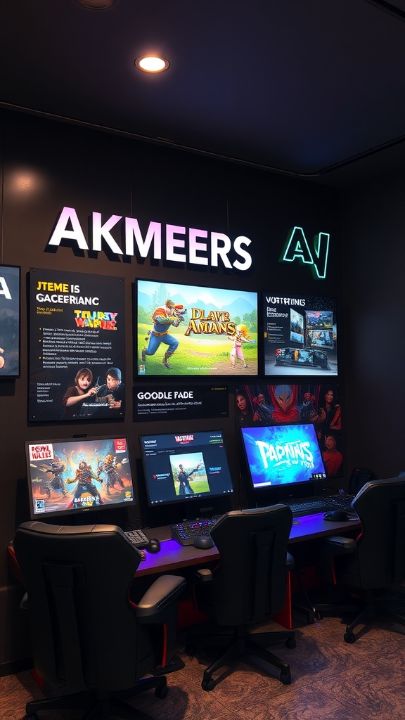 A couple gaming room setup featuring multiple screens, gaming chairs, and a bright display.