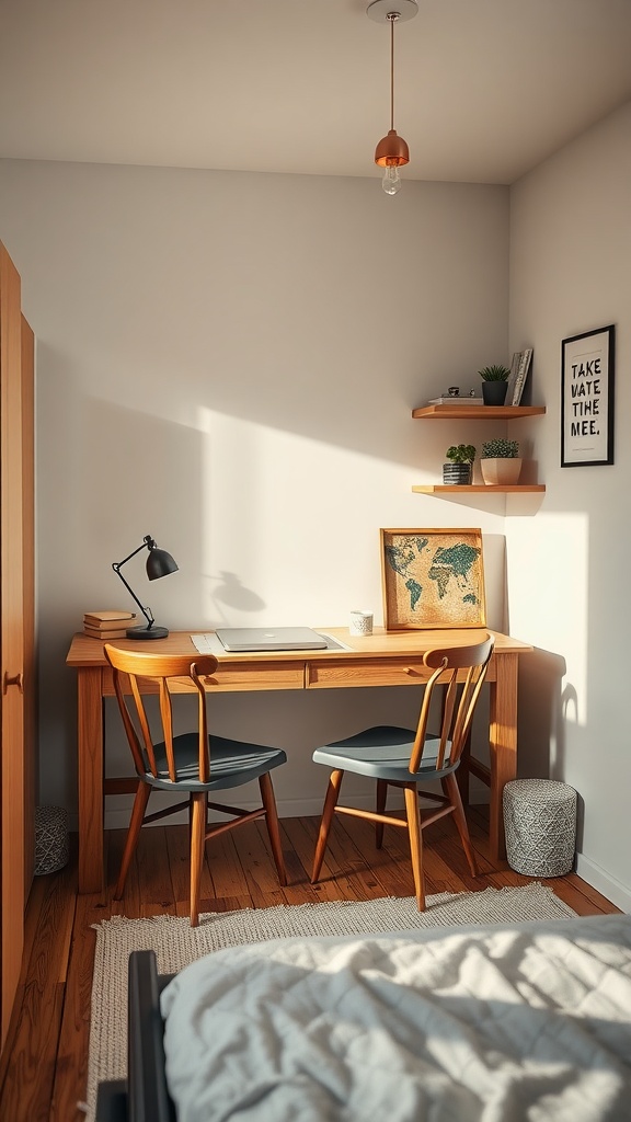 A cozy shared study nook with two chairs and a desk, featuring plants and a map on the wall.