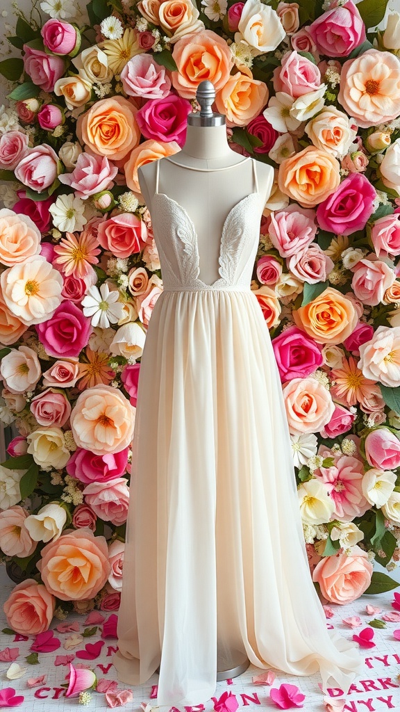 A dress displayed on a mannequin against a colorful floral backdrop.