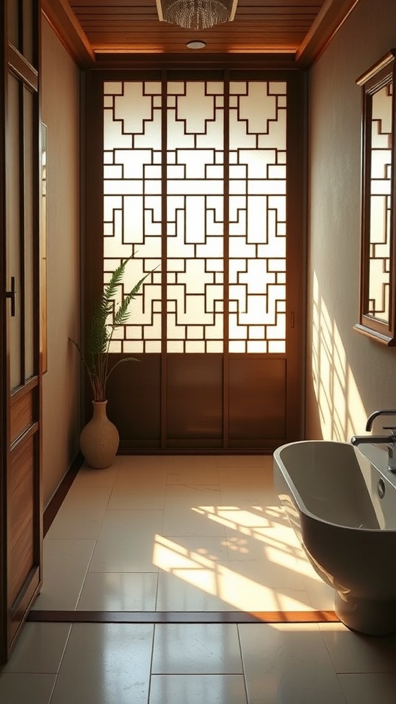 A bathroom featuring a shoji screen for privacy, with soft light filtering through and a serene atmosphere.