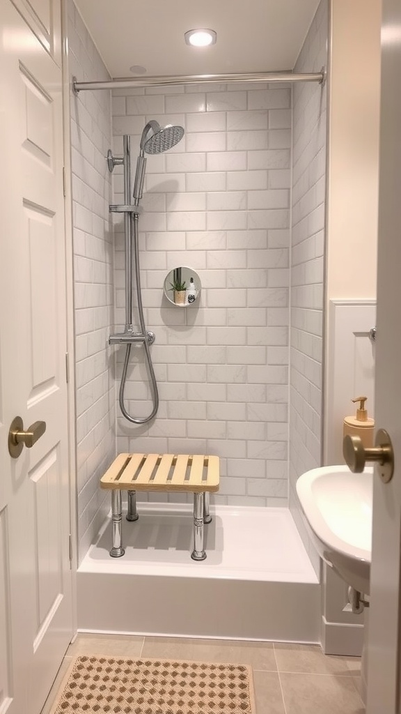 A small bathroom shower featuring a wooden bench and sleek tiles.