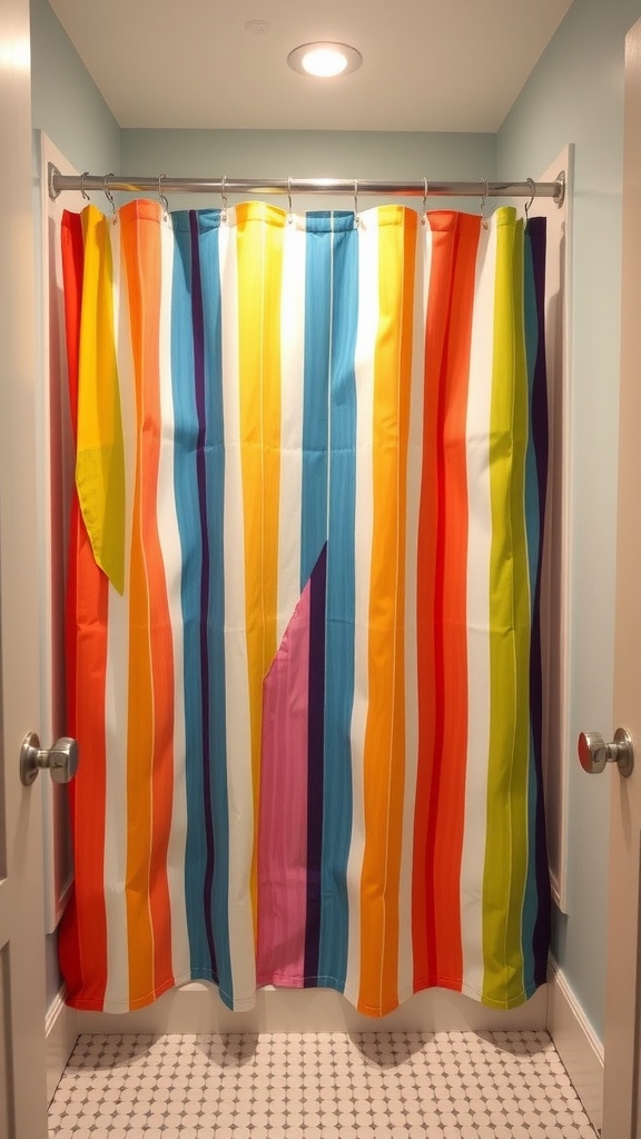 Colorful striped shower curtain in a small bathroom