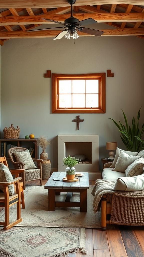 Cozy living room with wooden furniture, a coffee table, and a window