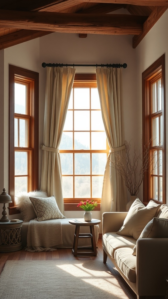 Cozy country living room with large windows dressed in soft light-colored curtains.