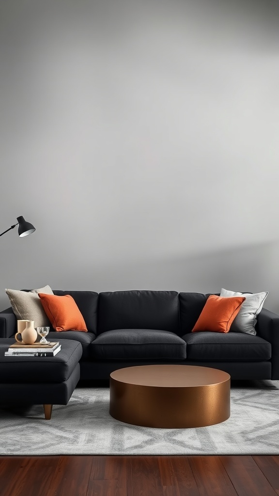 A stylish living room featuring a dark gray couch with orange cushions, a round metallic coffee table, and a light gray rug.