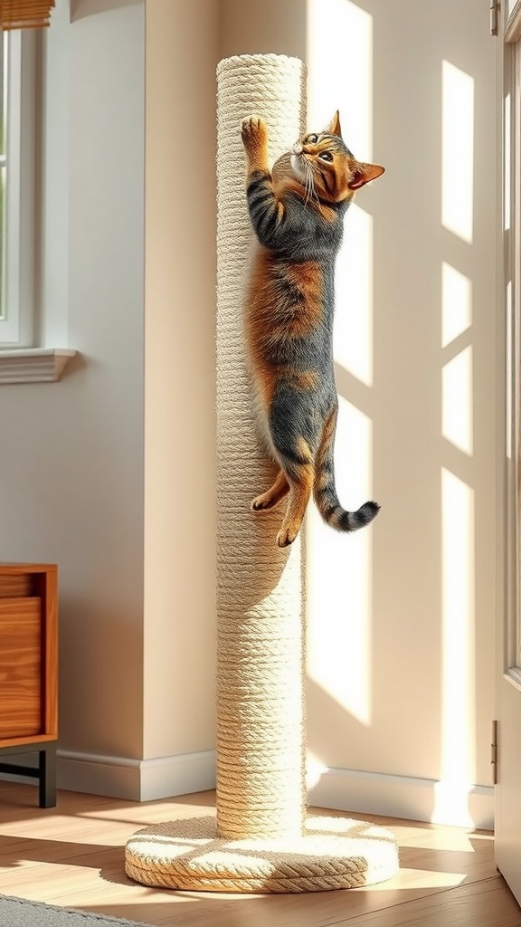 A cat climbing a sisal rope scratching post in a well-lit room