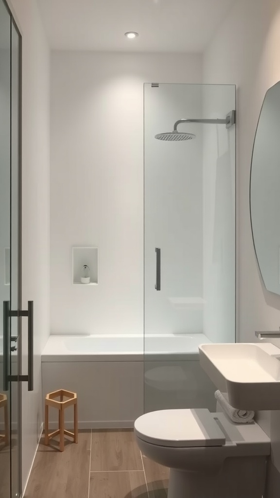 A minimalist small bathroom featuring a glass shower enclosure, neutral colors, and modern fixtures.