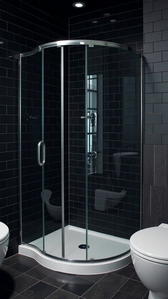 A sleek glass shower with black grout and dark tiles.