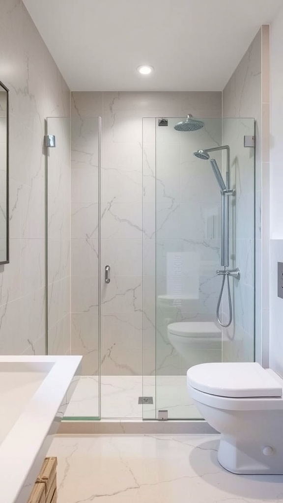 A modern ensuite bathroom featuring a sleek glass shower with marble tiles and a rain showerhead.