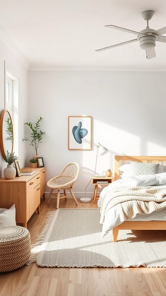 A sleek Scandinavian bedroom featuring wooden furniture, a cozy bed, and natural elements.