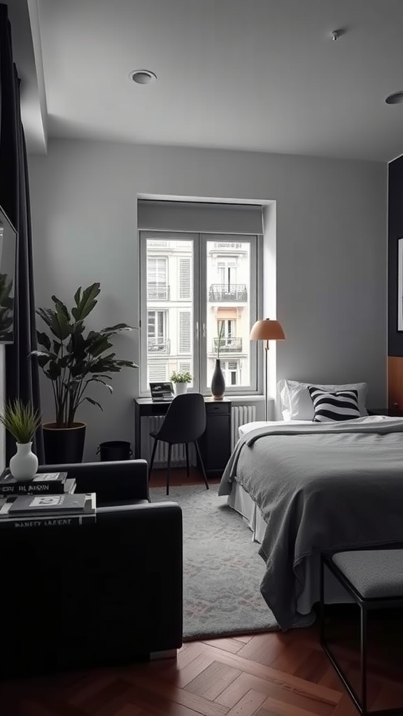 A sleek urban Parisian bedroom with gray walls, wooden floor, and modern furniture.