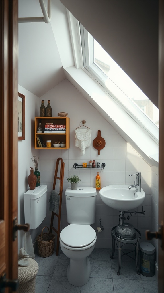 Small bathroom with slanted ceiling featuring a stylish sink, ladder shelf, and decorative accessories