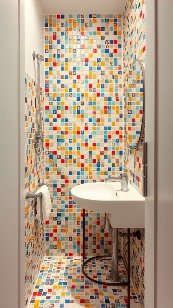 A small bathroom with colorful mosaic tiles covering the walls and floor, featuring a circular mirror and a modern sink.