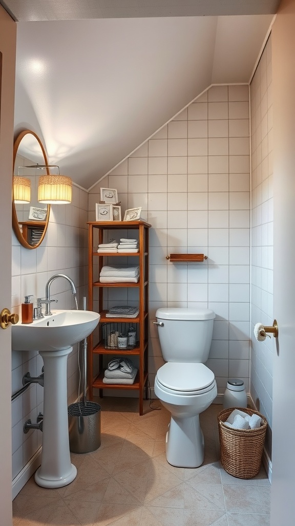 Small bathroom with slanted ceiling featuring a sink, toilet, wooden shelf with towels, and a round mirror