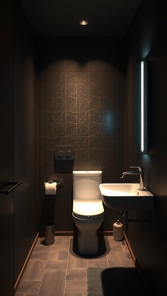 A small dark bathroom with smart lighting, featuring a toilet, sink, and stylish wall design.