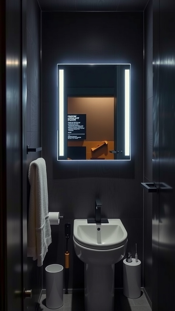 A small dark bathroom featuring a smart mirror with LED lighting.