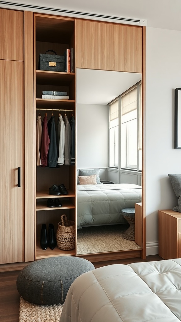 A stylish wooden wardrobe with a smart mirror and organized storage in a modern bedroom.