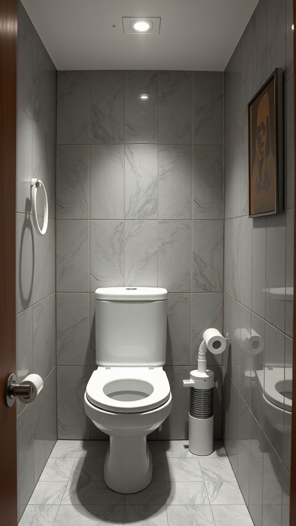 A small, modern toilet room featuring a sleek toilet design and efficient plumbing solutions.