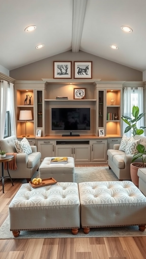 A stylish mobile home living room featuring built-in storage, comfortable seating, and decorative elements.