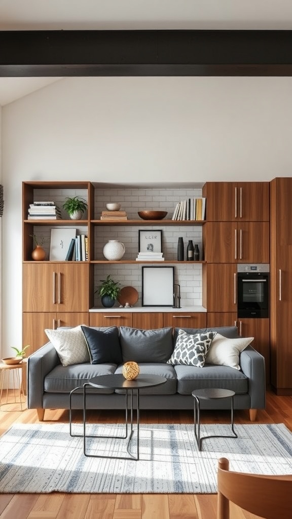 A modern living room and kitchen area featuring smart storage solutions with wooden cabinetry and decorative items on open shelves.