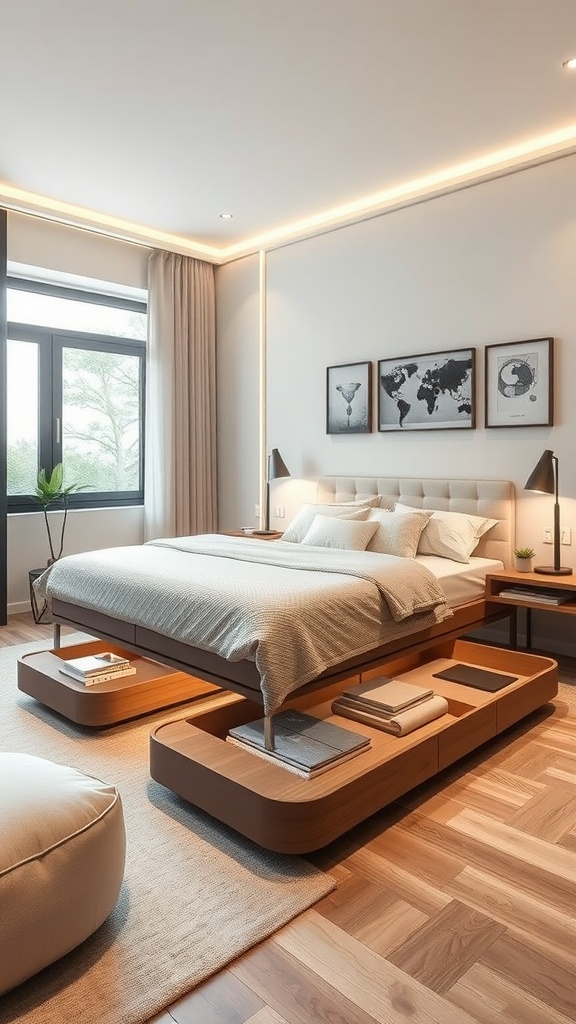 A modern bedroom featuring a bed with integrated storage solutions.