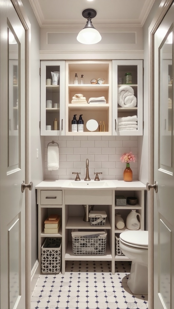 A small bathroom featuring smart storage solutions with cabinets, open shelves, and decorative baskets.