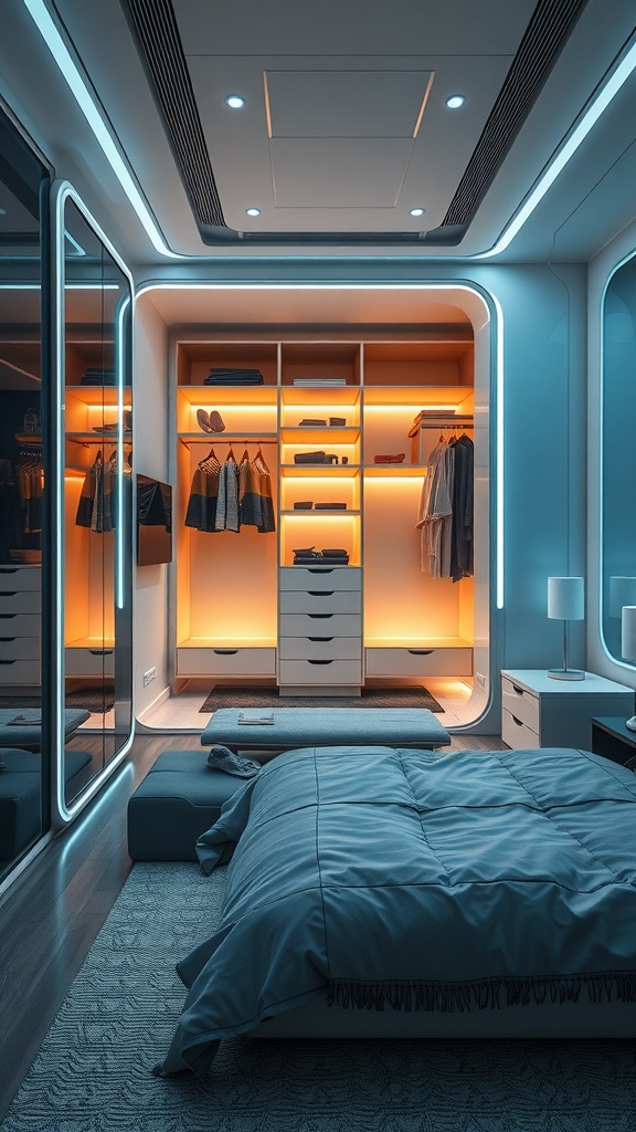 A modern bedroom with a smart wardrobe featuring illuminated shelves and mirrored doors.