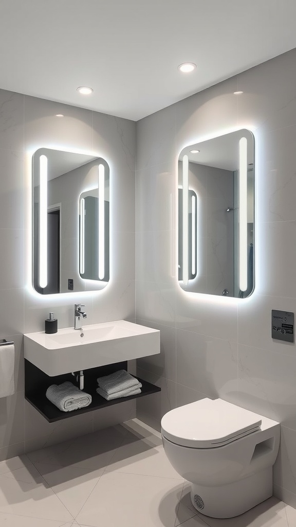 A modern ensuite bathroom featuring illuminated mirrors, a sleek vanity, and minimalist design.