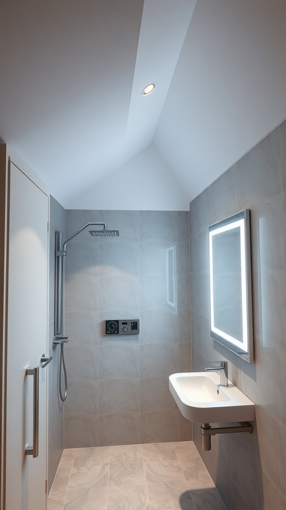 Modern small bathroom with slanted ceiling featuring smart technology and sleek design.