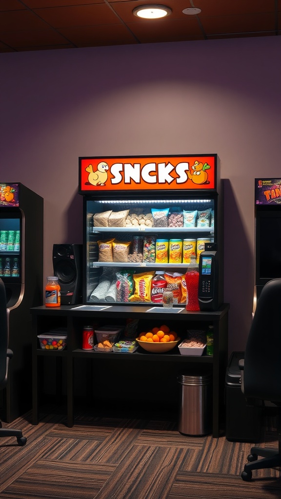 A colorful snack station with a sign that says 'SNCKS', featuring various snacks, fruits, and a microwave.