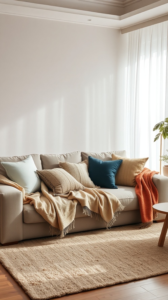 A soft, inviting light-colored sofa with various pillows and throws, illuminated by natural light, creating a cozy living room atmosphere.