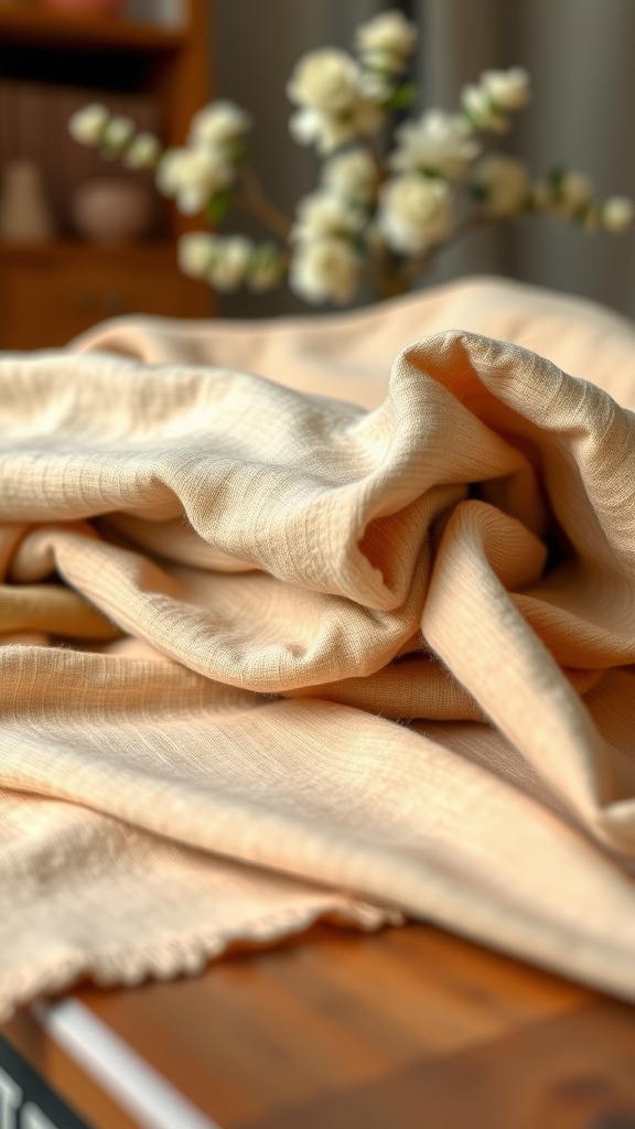 A soft, textured fabric draped elegantly on a table with a blurred background of white flowers.