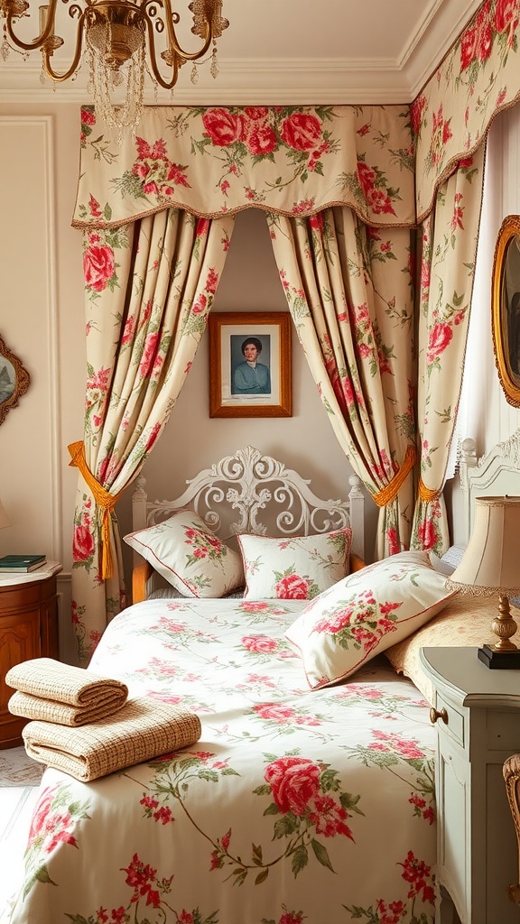 A cozy French cottage bedroom featuring floral fabrics and patterns in soft tones.